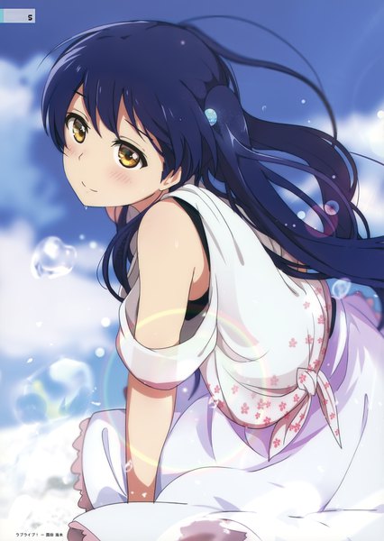 Anime picture 2486x3500 with love live! school idol project milky been! (ogipote) - anime heroine twinta-ka illubon (artbook) sunrise (studio) love live! sonoda umi ogipote single long hair tall image blush fringe highres twintails bare shoulders brown eyes blue hair looking away sky cloud (clouds) outdoors