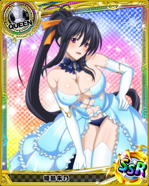 Anime picture 640x800 with highschool dxd himejima akeno single tall image looking at viewer blush breasts open mouth light erotic black hair large breasts purple eyes cleavage ponytail very long hair card (medium) girl thighhighs dress gloves