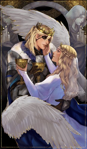 Anime picture 1197x2048 with fire emblem fire emblem: three houses nintendo dimitri alexandre blaiddyd tvilin long hair tall image fringe short hair blue eyes blonde hair smile hair between eyes holding green eyes braid (braids) hug eye contact white wings hand on another's face