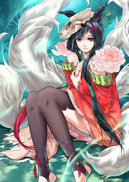 Anime picture 724x1024 with league of legends ahri (league of legends) gu-ko citemer long hair tall image looking at viewer red eyes sitting bare shoulders animal ears blue hair tail animal tail barefoot light smile fox tail fox girl girl hair ornament flower (flowers)