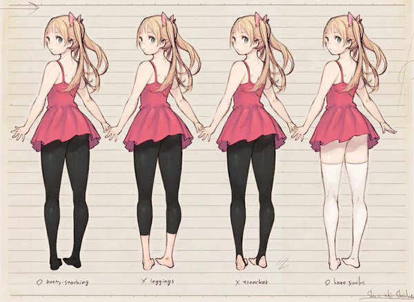 Anime picture 1100x804 with original shiohara shin'ichi long hair blue eyes blonde hair looking back barefoot legs back multiple persona chart girl thighhighs dress bow hair bow pantyhose white thighhighs red dress leggings