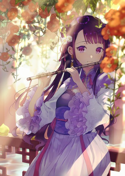 Anime picture 853x1200 with original kusaka kou single long hair tall image looking at viewer blush fringe smile standing purple eyes holding payot purple hair outdoors traditional clothes japanese clothes hair flower sunlight wide sleeves