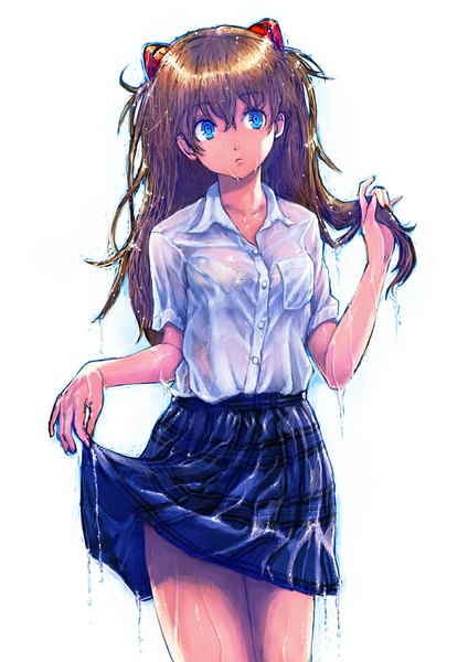 Anime picture 707x1000 with neon genesis evangelion gainax soryu asuka langley boyaking(sbf) single long hair tall image blue eyes light erotic simple background brown hair white background wet looking up wet clothes girl uniform school uniform