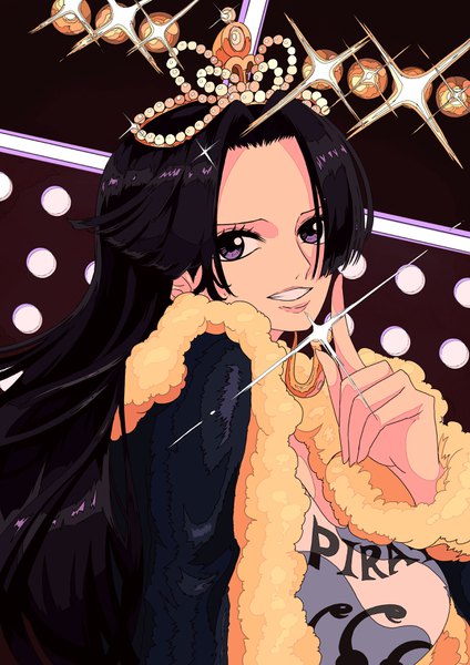 Anime picture 2480x3508 with one piece toei animation boa hancock sherumaru (korcht06) single long hair tall image looking at viewer highres black hair smile purple eyes payot upper body head tilt sparkle fur trim grin clothes writing clenched teeth