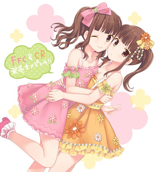 Anime picture 945x1033 with real life tamura yukari horie yui maki (natoriumu) long hair tall image blush smile brown hair twintails bare shoulders multiple girls brown eyes one eye closed wink hug girl dress flower (flowers) bow