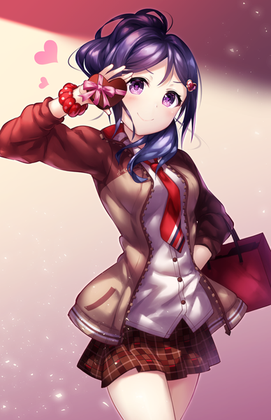 Anime picture 1098x1698 with love live! sunshine!! sunrise (studio) love live! matsuura kanan kyouou ena single long hair tall image looking at viewer blush fringe simple background smile standing purple eyes holding blue hair pleated skirt open jacket bare legs