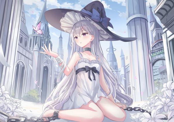 Anime picture 2508x1771 with original touhourh single long hair blush fringe highres breasts hair between eyes sitting purple eyes bare shoulders looking away sky silver hair cloud (clouds) outdoors bare legs city cityscape