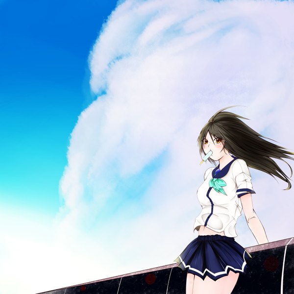 Anime picture 3200x3200 with original min utatane single blush highres brown hair holding brown eyes absurdres cloud (clouds) wind mouth hold eating girl uniform serafuku food sweets ice cream popsicle