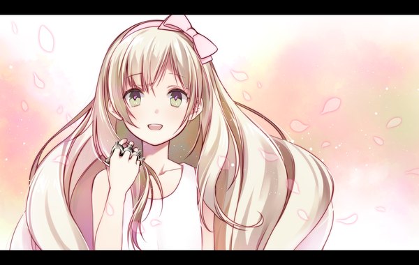 Anime picture 1200x760 with vocaloid mayu (vocaloid) wogura single long hair looking at viewer fringe open mouth blonde hair green eyes alternate costume happy close-up alternate hairstyle glow girl hair ornament bow hair bow petals