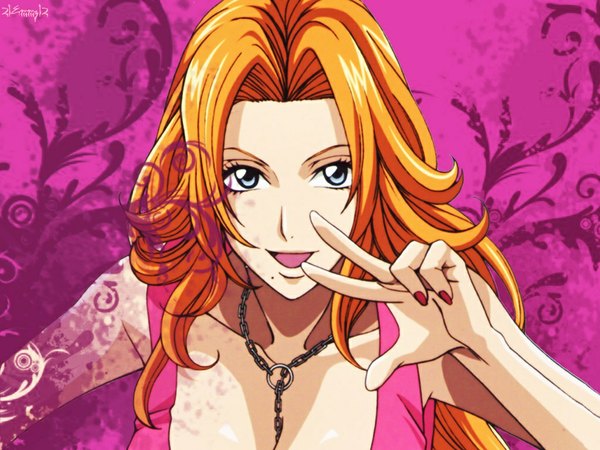 Anime picture 1024x768 with bleach studio pierrot matsumoto rangiku 21emmz12 (artist) long hair open mouth blue eyes smile orange hair mole victory pink background face mole under mouth girl necklace