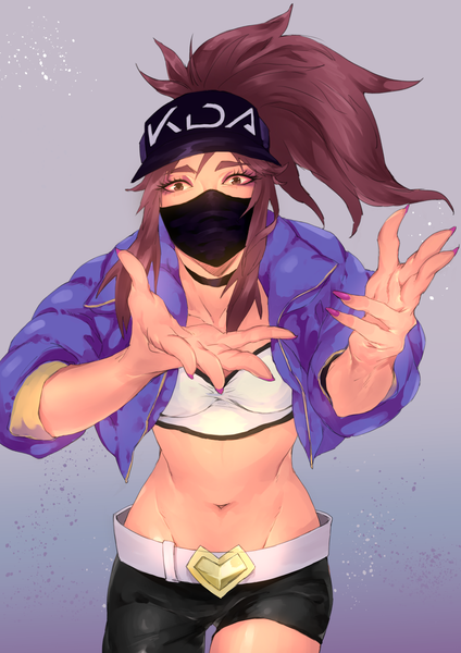 Anime picture 1000x1414 with league of legends k/da (league of legends) akali (league of legends) k/da akali user unny8553 single long hair tall image looking at viewer fringe simple background hair between eyes brown hair standing brown eyes payot ponytail nail polish fingernails grey background