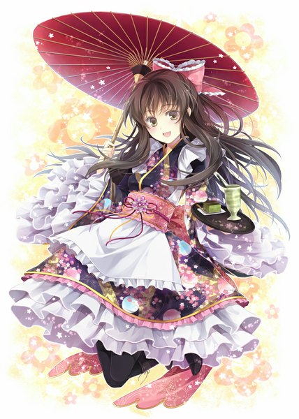 Anime picture 714x1000 with original hagiwara rin single long hair tall image looking at viewer open mouth brown hair brown eyes traditional clothes japanese clothes wa maid girl bow hair bow pantyhose umbrella obi tea wagashi