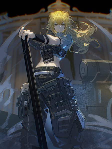 Anime-Bild 1125x1500 mit arknights siege (arknights) siege (city destroyer) (arknights) samo (shichun samo) single long hair tall image looking at viewer fringe blonde hair standing animal ears yellow eyes from below midriff outstretched arm official alternate costume lion ears girl