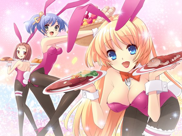 Anime picture 1600x1200 with flyable heart inaba yui minase sakurako hayakawa megumi itou noiji long hair short hair blue eyes light erotic blonde hair brown hair multiple girls brown eyes blue hair cleavage bunny girl girl food 3 girls bunnysuit