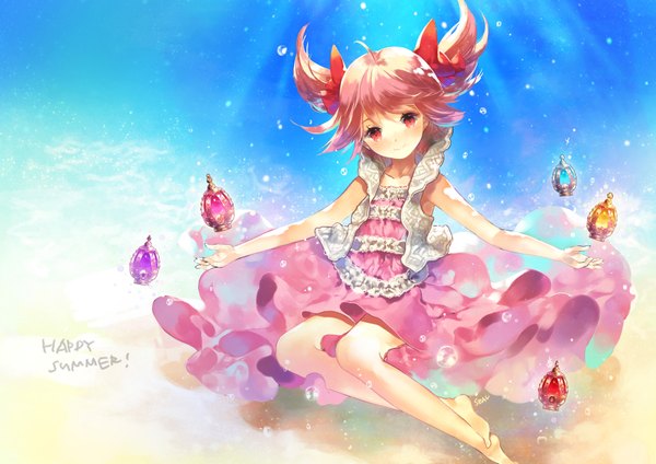 Anime picture 1754x1240 with mahou shoujo madoka magica shaft (studio) kaname madoka seal (pukozin) single looking at viewer blush highres short hair twintails signed pink hair pink eyes barefoot light smile inscription short twintails spread arms underwater summer