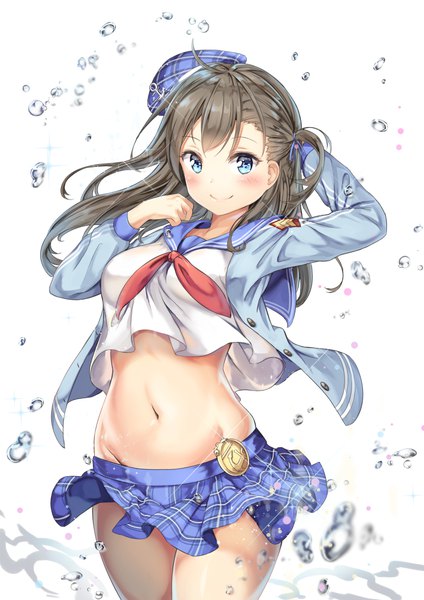 Anime picture 778x1100 with original cenangam single long hair tall image looking at viewer blue eyes light erotic simple background smile brown hair standing white background ahoge pleated skirt midriff floating hair groin side ponytail plaid skirt