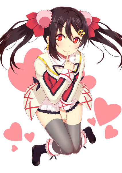 Anime picture 1100x1553 with love live! school idol project sunrise (studio) love live! yazawa nico ponkotsu (ayarosu) single long hair tall image looking at viewer blush black hair smile red eyes twintails hair bun (hair buns) finger to mouth transparent background girl thighhighs dress