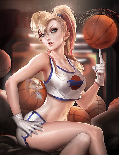 Anime-Bild 773x1000 mit looney tunes warner bros lola bunny sakimichan single long hair tall image looking at viewer fringe breasts open mouth blonde hair sitting bare shoulders ponytail realistic bare legs bare belly hand on hip crossed legs