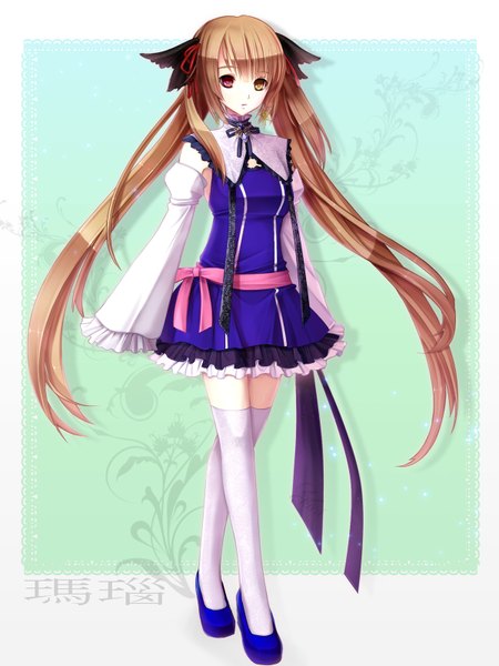 Anime picture 1200x1600 with original yuuki kira single long hair tall image brown hair heterochromia girl thighhighs dress white thighhighs
