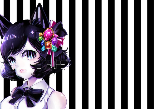 Anime picture 2000x1384 with original kisaragi yuu (fallen sky) single looking at viewer blush fringe highres short hair bare shoulders animal ears upper body parted lips cat ears inscription mole sleeveless mole under eye striped background girl hair ornament