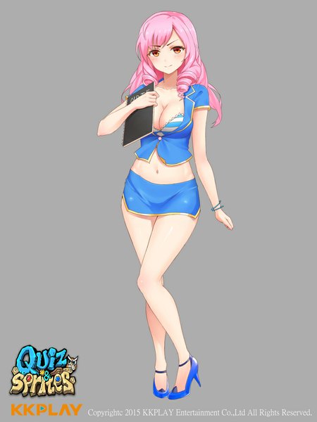 Anime picture 750x1000 with original yi l chen 5 single long hair tall image looking at viewer blush breasts light erotic simple background smile pink hair grey background midriff drill hair girl skirt navel miniskirt lingerie