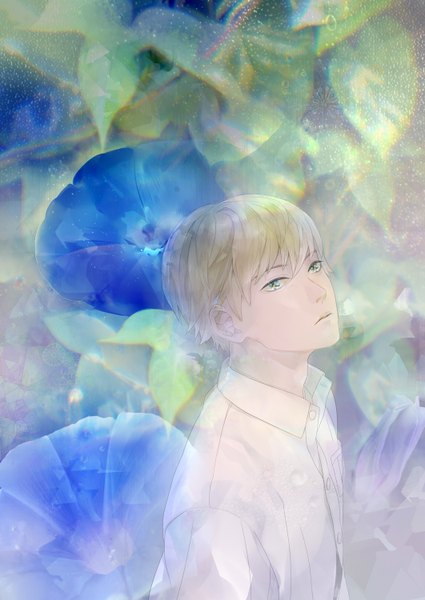 Anime picture 1062x1500 with original saiga tokihito single tall image short hair blonde hair multicolored eyes boy flower (flowers) plant (plants) shirt morning glory