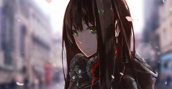 Anime picture 1500x774 with idolmaster idolmaster cinderella girls shibuya rin lowlight kirilenko single long hair looking at viewer brown hair wide image green eyes light smile wind depth of field headphones around neck girl petals jacket headphones