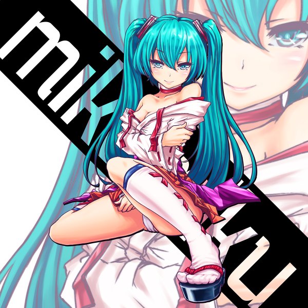 Anime picture 1200x1200 with project diva vocaloid hatsune miku gogatsu no renkyuu single long hair looking at viewer light erotic smile twintails bare shoulders cleavage traditional clothes aqua eyes aqua hair pantyshot character names undressing zoom layer girl