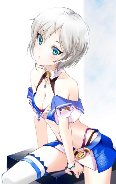 Anime picture 950x1500 with idolmaster idolmaster cinderella girls anastasia (idolmaster) argon single tall image looking at viewer blush fringe short hair breasts open mouth light erotic sitting cleavage silver hair bent knee (knees) head tilt aqua eyes bare belly