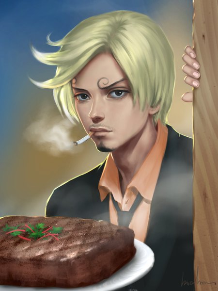 Anime picture 1082x1442 with one piece toei animation sanji gohpot single tall image looking at viewer short hair blonde hair holding signed upper body fingernails lips black eyes smoke eyebrows smoking boy shirt