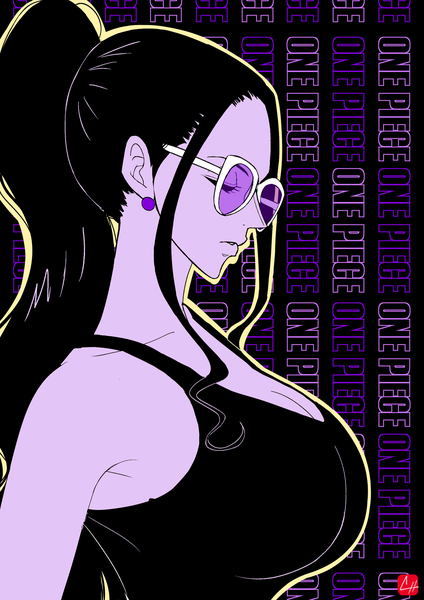 Anime picture 1280x1811 with one piece toei animation nico robin chris re5 single long hair tall image breasts black hair large breasts bare shoulders signed payot cleavage upper body ponytail eyes closed profile copyright name sleeveless