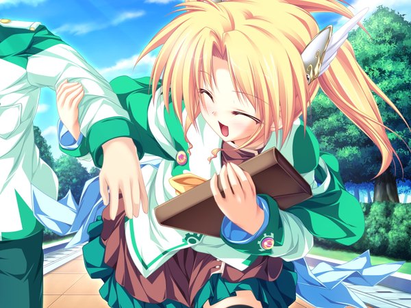 Anime picture 1600x1200 with magus tale whirlpool (studio) rena geminis tenmaso long hair blush open mouth blonde hair twintails game cg sky cloud (clouds) eyes closed running girl boy uniform plant (plants) school uniform tree (trees)