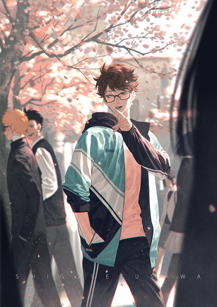 Anime picture 750x1061 with haikyuu!! production i.g tsukishima kei kuroo tetsurou ooikawa tooru torinmo tall image fringe short hair black hair brown hair standing holding looking away outdoors multiple boys mouth hold hand in pocket spiked hair boy