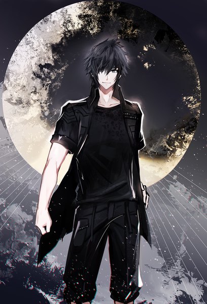 Anime picture 1000x1471 with final fantasy final fantasy xv square enix noctis lucis caelum juexing (moemoe3345) single tall image looking at viewer fringe short hair black hair outdoors light smile black eyes hair over one eye sparkle hand on hip boy moon full moon