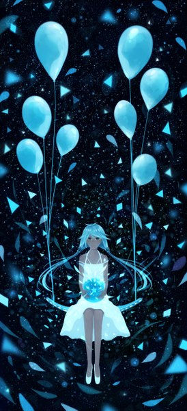 Anime picture 1120x2450 with original bounin single long hair tall image sitting twintails holding light smile aqua hair night sky black background girl dress star (stars) balloon fireflies swing