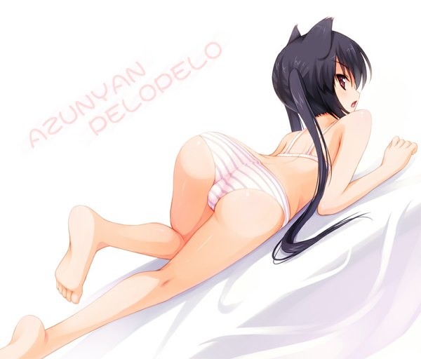 Anime picture 800x683 with k-on! kyoto animation nakano azusa senji (tegone spike) single long hair light erotic black hair simple background white background twintails brown eyes animal ears bent knee (knees) ass parted lips profile looking back barefoot cat ears