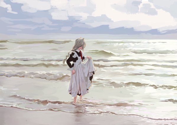 Anime picture 1302x920 with original feiqizi (fkey) fkey single long hair fringe standing animal ears payot sky cloud (clouds) full body outdoors braid (braids) long sleeves grey hair cat ears maid cat girl beach