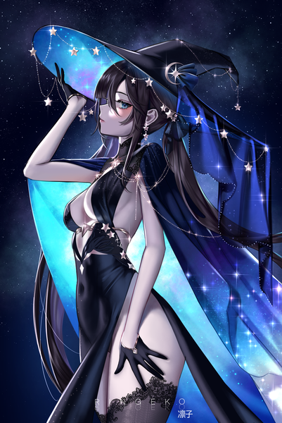 Anime picture 4000x5981 with genshin impact mona megistus ringeko-chan single long hair tall image looking at viewer blush fringe highres breasts blue eyes light erotic black hair hair between eyes standing twintails signed payot absurdres