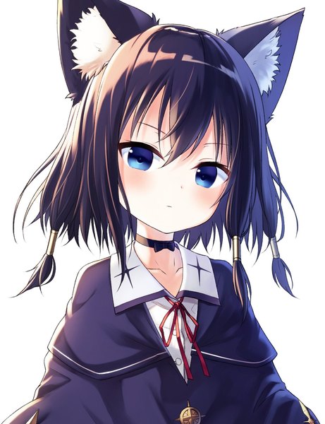 Anime picture 1139x1481 with original kuroneko-chan (satou) satou (3366 s) single tall image looking at viewer fringe short hair blue eyes black hair simple background hair between eyes white background animal ears cat ears cat girl loli cropped girl hat