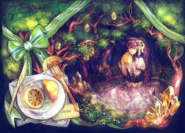 Anime picture 1272x917 with original chibi (shimon) single long hair brown hair twintails yellow eyes girl dress bow plant (plants) tree (trees) crystal lemon celestial stones