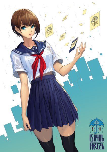 Anime picture 2480x3508 with original ake (cherrylich) single tall image looking at viewer fringe highres short hair blue eyes brown hair standing pleated skirt fingernails lips wet rain wet clothes asymmetrical hair wide hips girl
