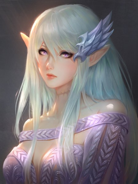 Anime picture 973x1300 with final fantasy final fantasy xiv square enix chaosringen single long hair tall image looking at viewer blush fringe breasts simple background hair between eyes purple eyes bare shoulders payot cleavage upper body lips pointy ears