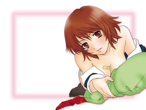 Anime picture 1600x1200 with single blush short hair light erotic brown hair brown eyes girl bandaid