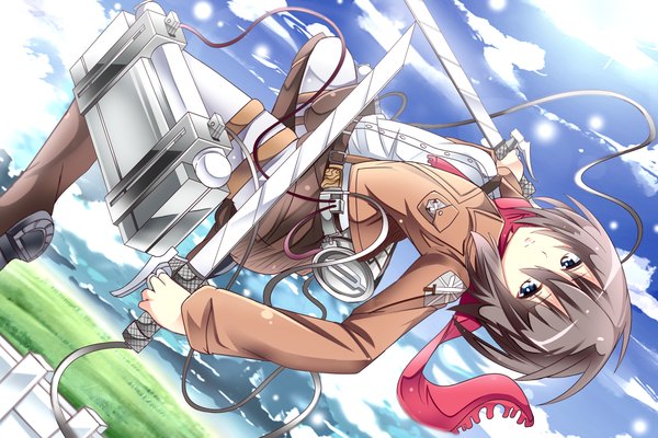 Anime picture 1190x795 with shingeki no kyojin production i.g mikasa ackerman shineka single short hair blue eyes black hair holding sky cloud (clouds) open clothes open jacket flying dual wielding girl weapon sword boots belt