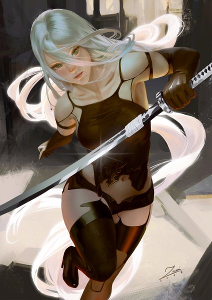 Anime picture 2481x3508 with nier nier:automata yorha type a no. 2 zumi (zumidraws) single tall image looking at viewer blush fringe highres breasts light erotic hair between eyes large breasts holding signed bent knee (knees) white hair very long hair lips
