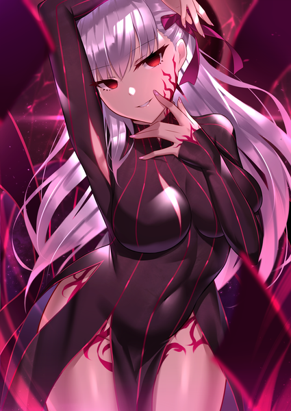Anime picture 2149x3035 with fate (series) fate/stay night matou sakura dark sakura black fire (peter02713) single long hair tall image looking at viewer fringe highres breasts light erotic smile hair between eyes red eyes large breasts standing silver hair parted lips