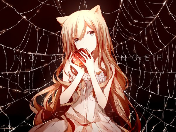 Anime picture 1600x1200 with original peneko single long hair looking at viewer fringe blue eyes bare shoulders holding animal ears cat ears orange hair cat girl sleeveless tears eating girl dress water drop fruit