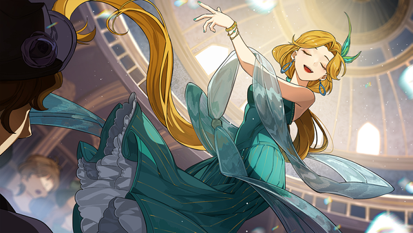 Anime picture 1920x1080 with volcano princess rose (volcano princess) leclle highres blonde hair wide image game cg indoors eyes closed very long hair nail polish dutch angle sleeveless floating hair solo focus low ponytail eyeshadow spoilers dancing girl