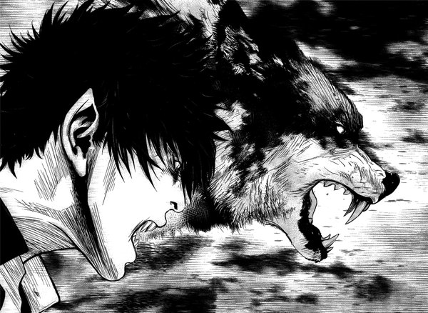 Anime picture 1916x1399 with wolf guy highres pointy ears scan monochrome boy animal wolf