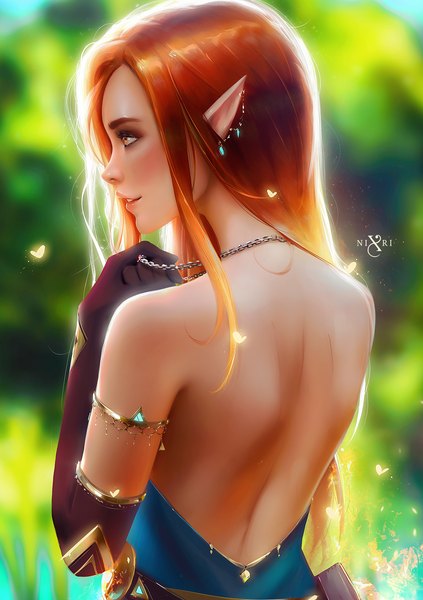 Anime picture 1270x1800 with original nixri single long hair tall image fringe smile brown hair bare shoulders brown eyes signed looking away upper body parted lips profile pointy ears from behind blurry realistic depth of field